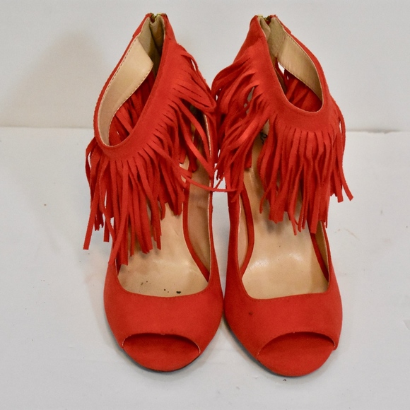 Women's Qupid Orange Red Fringe Ankle Strap Heels 8 - Picture 2 of 5